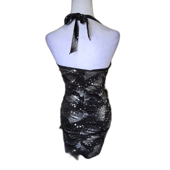 Taboo Black Sequin Ruched Halter Mini Dress Metallic Club Y2K Disco Hoco Prom S - Picture 2 of 8